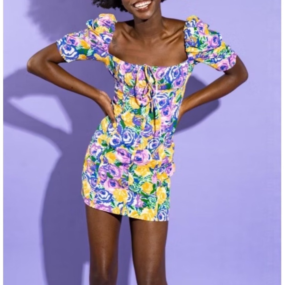 Zara Floral Puff Sleeve Mini Dress Purple Yellow Rose Print Sweetheart Neck XS